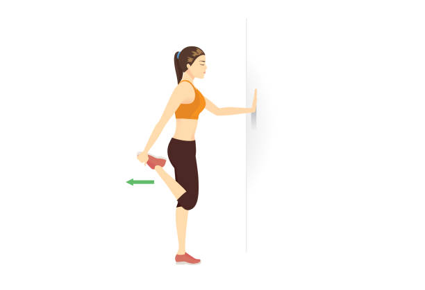 Diagram of a woman performing a quadriceps stretch to relieve knee pain