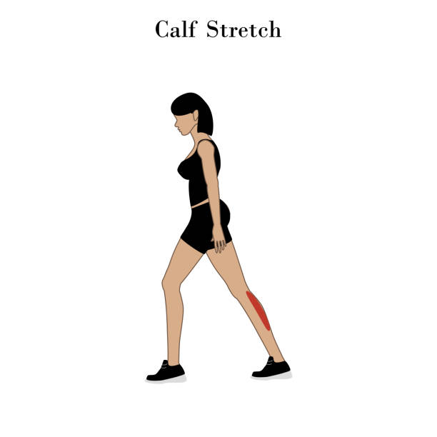 Diagram of a woman performing a calf stretch to relieve knee pain