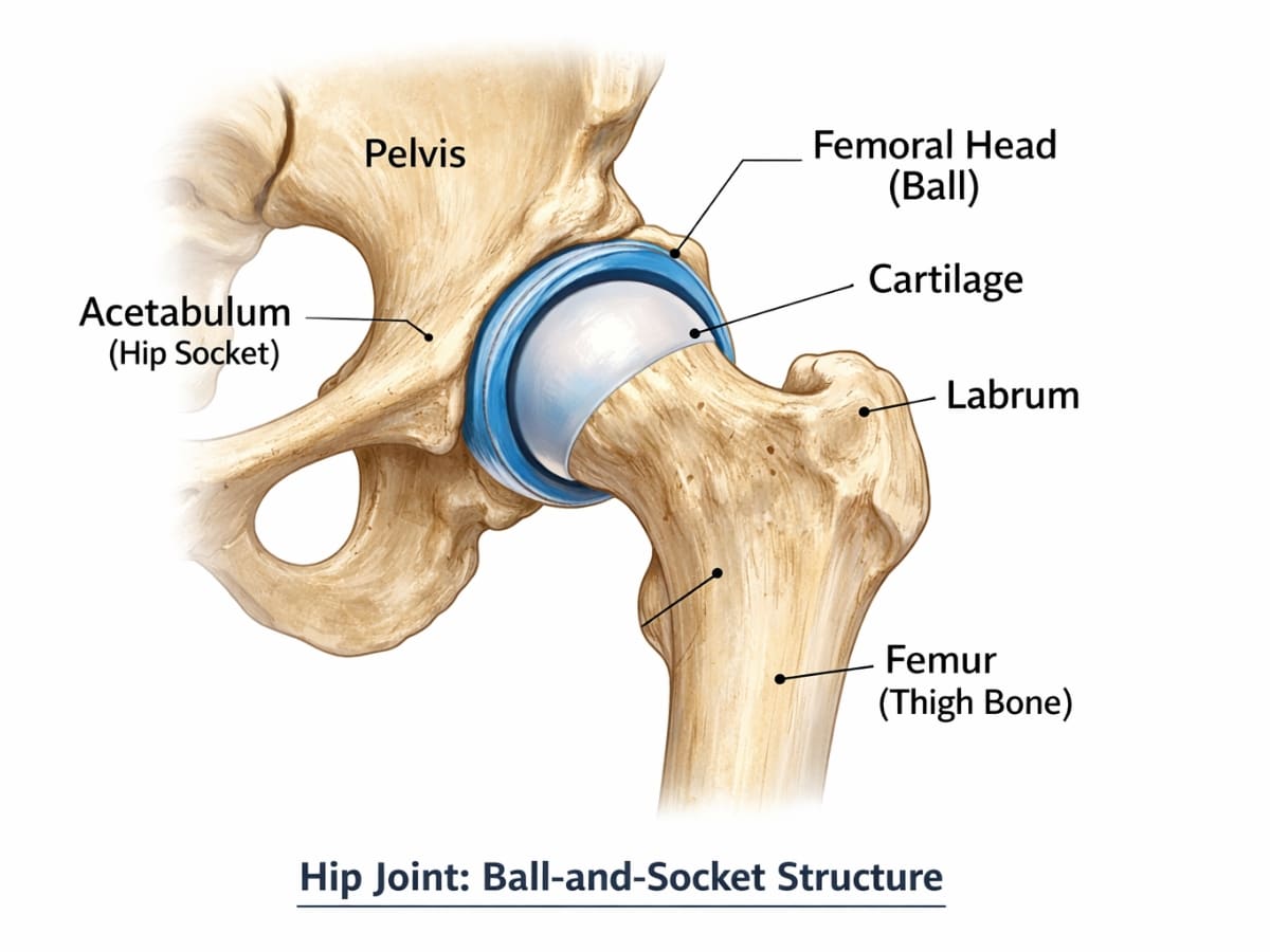 ANATOMICAL DIAGRAM OF HIP JOINT SHOWING BALL AND SOCKET STRUCTURE