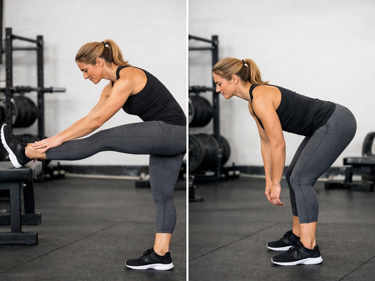SIDE-BY-SIDE OF PERSON DOING STATIC HAMSTRING STRETCH VS PERFORMING CONTROLLED HIP HINGE
