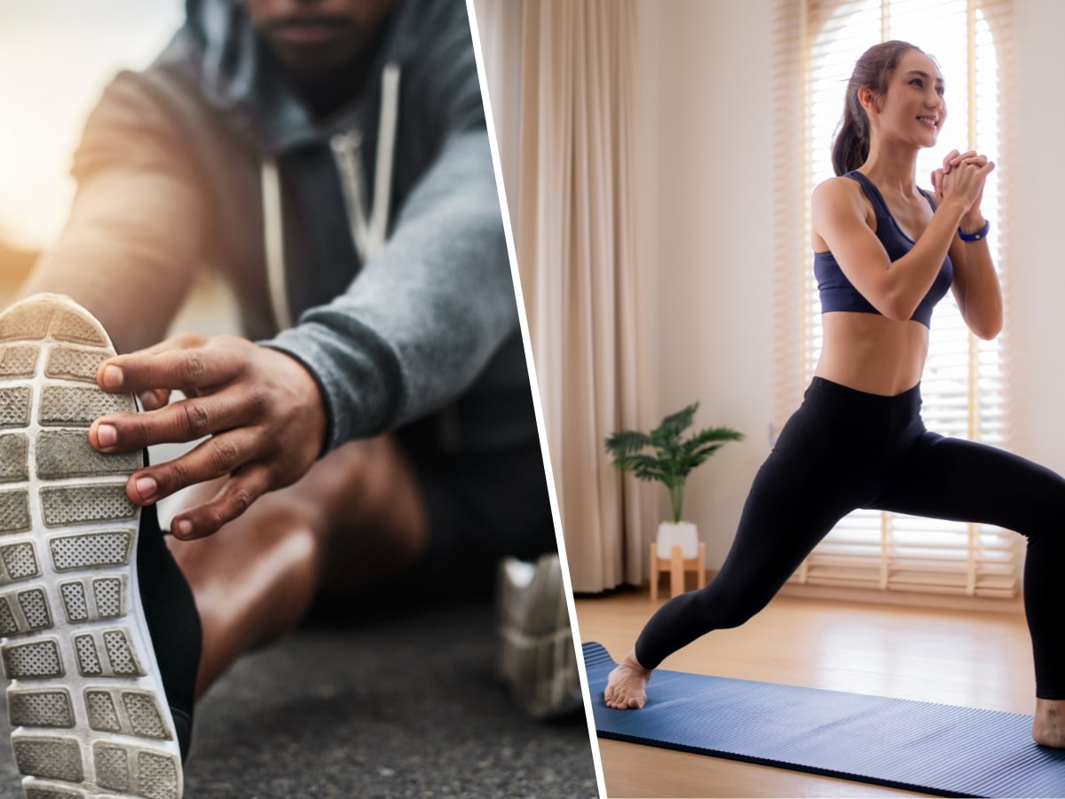 SIDE-BY-SIDE VISUAL OF STATIC HAMSTRING STRETCH VS CONTROLLED LUNGE