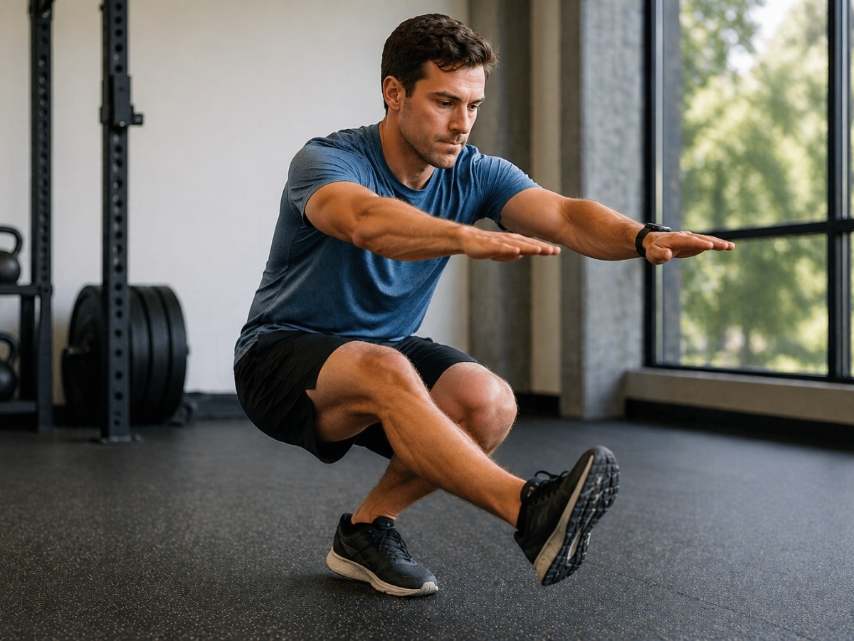 RUNNER PERFORMING SINGLE-LEG STRENGTH EXERCISE SUCH AS SINGLE-LEG SQUAT