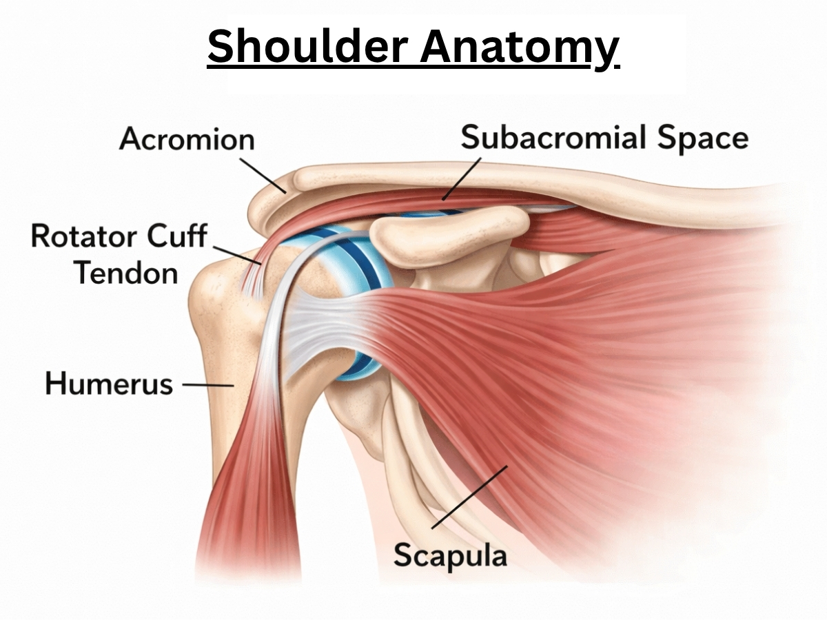 SHOULDER ANATOMY DIAGRAM SHOWING HUMERAL HEAD AND ACROMION WITH SUBACROMIAL SPACE