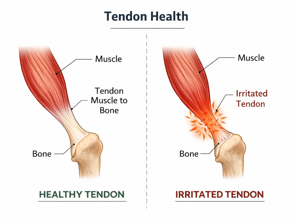 SIMPLE ANATOMY VISUAL SHOWING A TENDON CONNECTING MUSCLE TO BONE WITH LABELS FOR HEALTHY VS IRRITATED TENDON