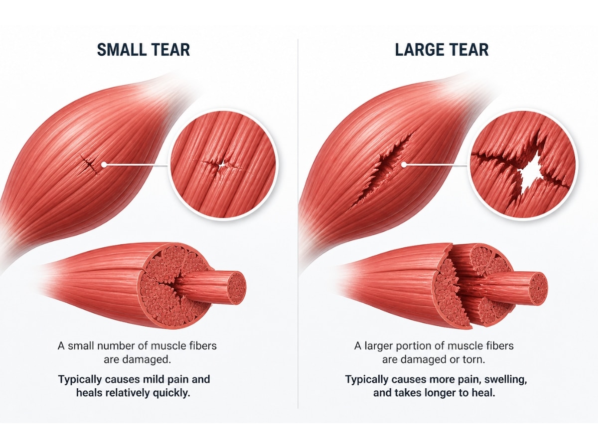 ILLUSTRATION OF MUSCLE FIBER WITH SMALL VS LARGE TEAR COMPARISON