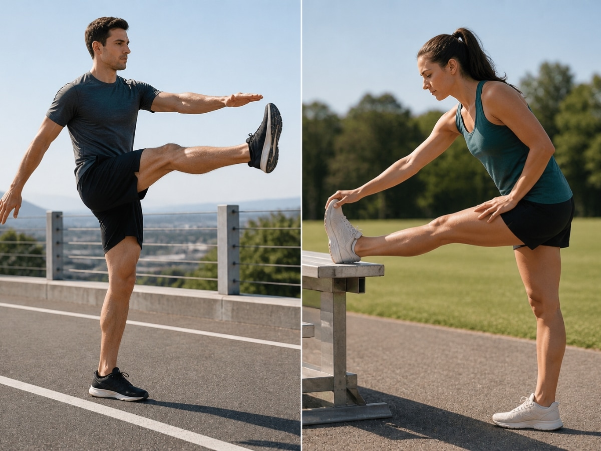 SIDE-BY-SIDE OF ATHLETE DOING LEG SWINGS (DYNAMIC) VS HAMSTRING HOLD (STATIC STRETCH)