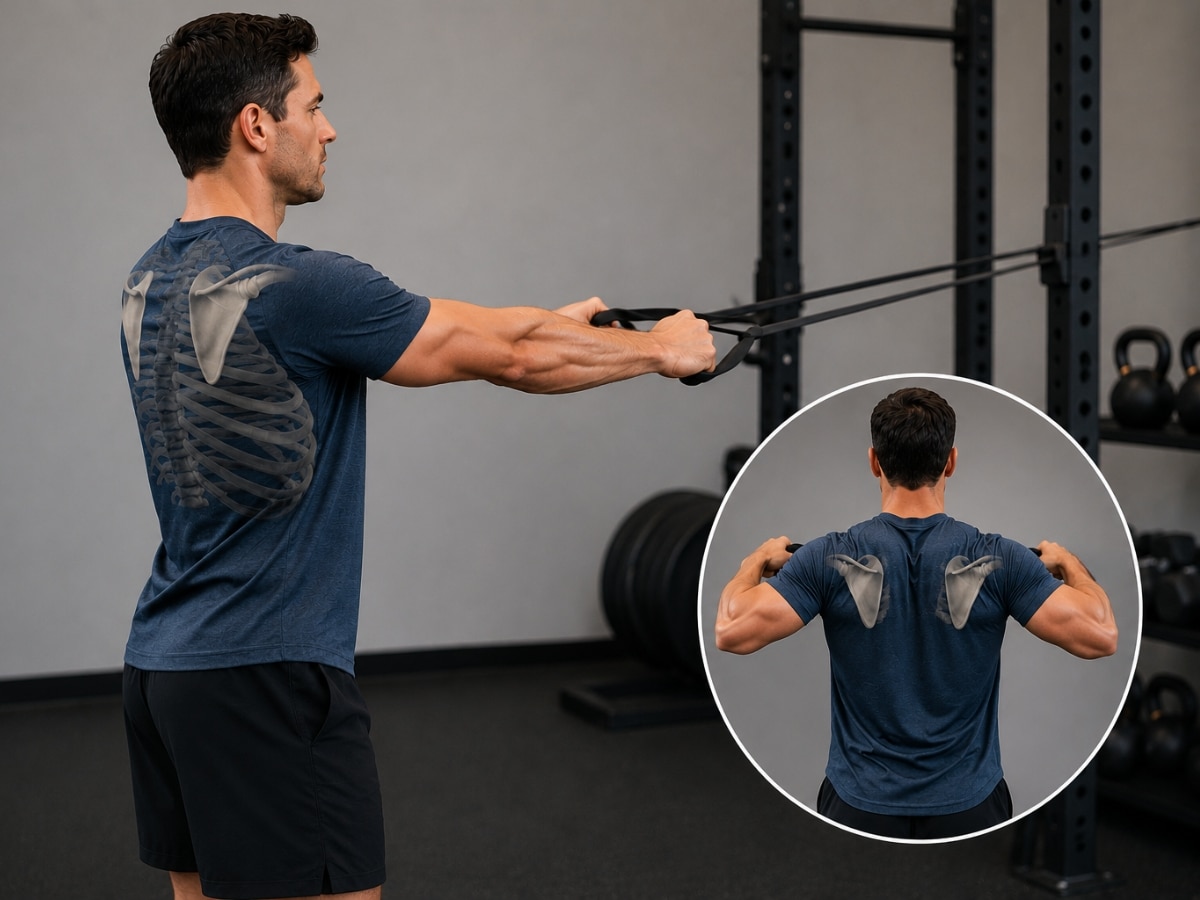 ACTIVE ADULT PERFORMING SHOULDER CONTROL EXERCISE WITH EMPHASIS ON RIB CAGE AND SHOULDER BLADE POSITION
